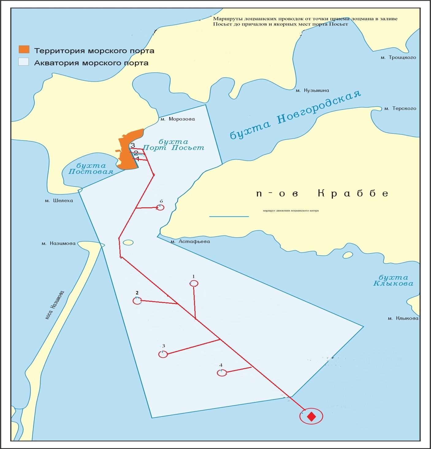 Схема маршрутов лоцманских проводок в морском порту Посьет в заливе Посьет