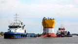 Towing convoy with conductor supported platform performs a voyage on the Volga Caspian Marine Shipping Canal