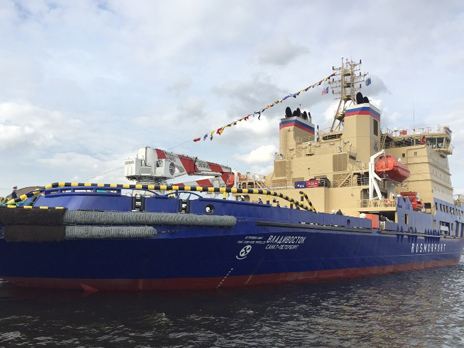 Russian Flag Hoisted on-board of Vladivostok Icebreaker