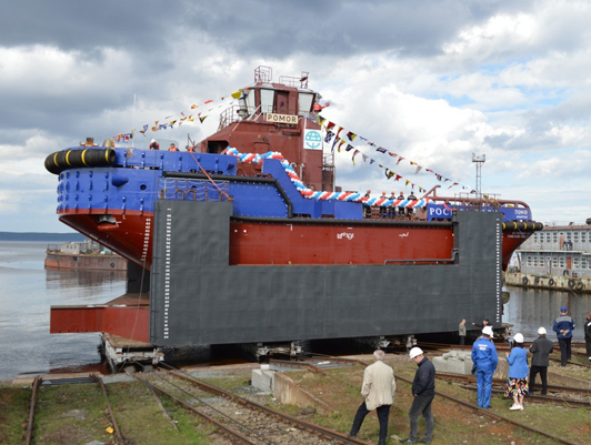 Ice-class tug Pomor constructed for FSUE "Rosmorport" is launched at the Onego Shipyard