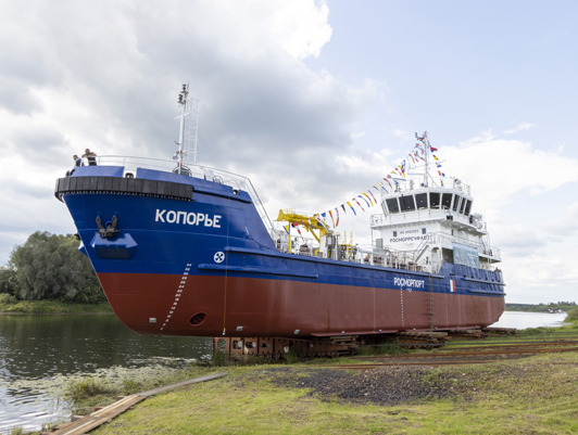 Koporye bilge water removing ship, under construction by order of FSUE “Rosmorport”, set afloat