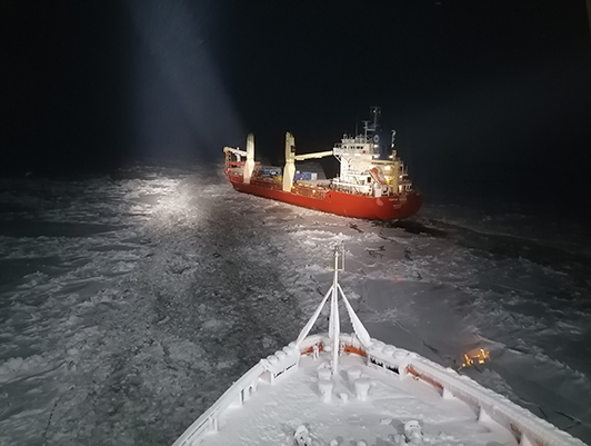 The icebreaker Dikson piloted the vessel Georgy Ushakov stuck in ice to Sever Bay