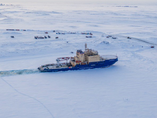 Icebreaker Vladivostok provides icebreaking assistance and delivery of important cargo in the Franz Josef Land and Novaya Zemlya archipelagos in difficult ice conditions