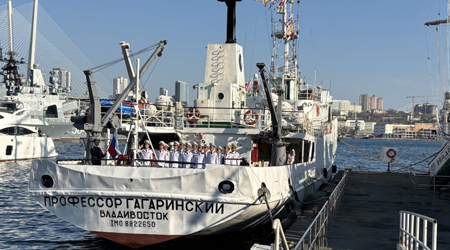The crew and cadets of the Nadezhda sailboat take part in a solemn ceremony of handing over the research vessel in the seaport of Vladivostok