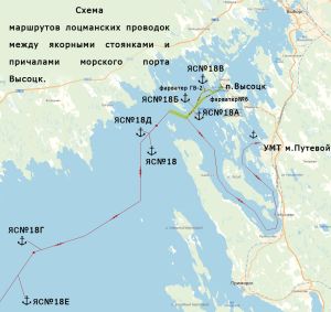 Plan of pilotage routes between the berths in the seaport of Vysotsk